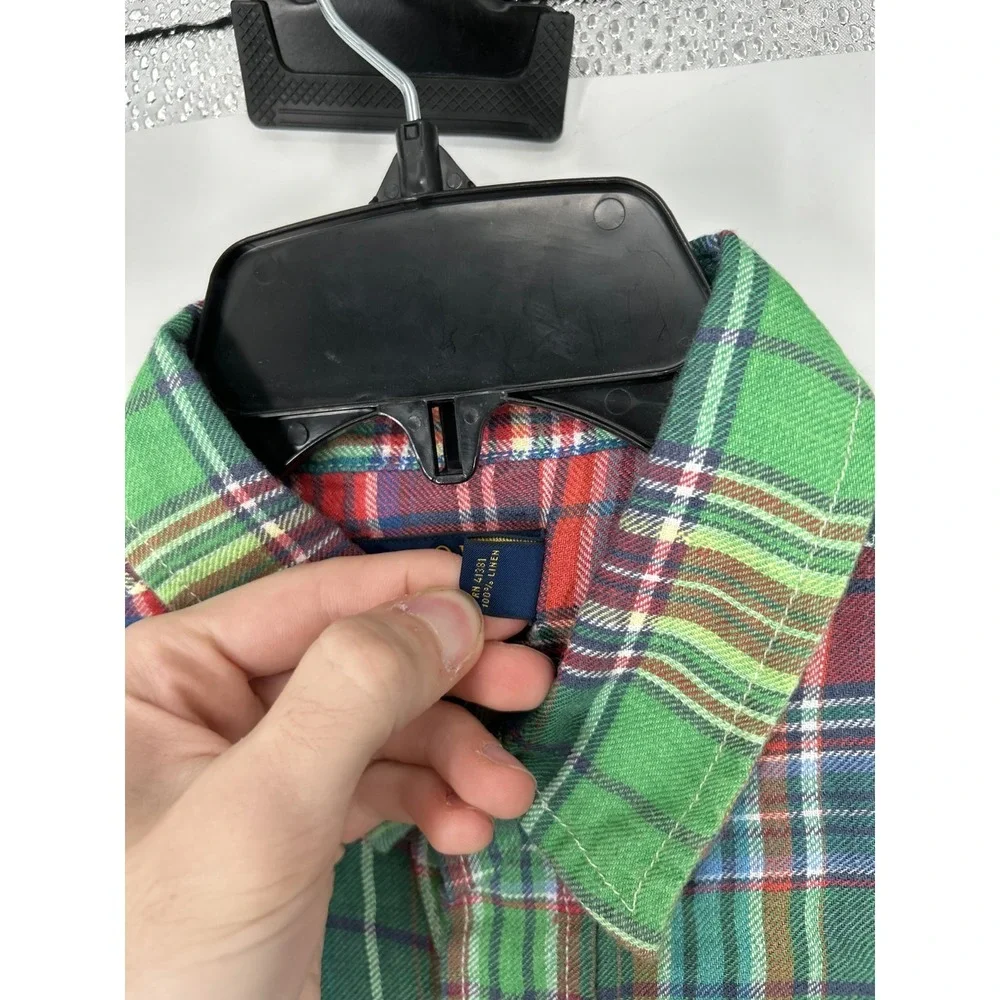 Polo Ralph Lauren Shirt Red‎ Green Tartan Plaid Button Up 100% Linen Two Pockets